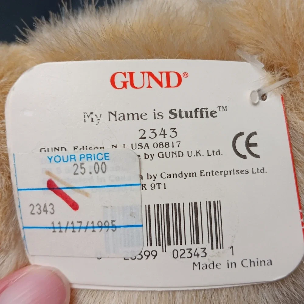 Vintage 1995 GUND Stuffie Teddy Bear 2343 Tan Plush Red Polka Dot Bow 11 in NWT